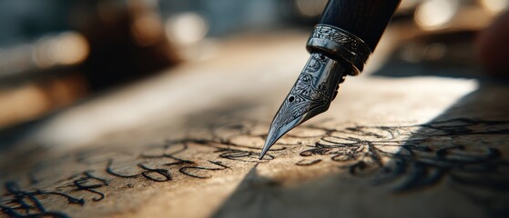 Closeup of ornate fountain pen writing on aged paper with calligraphy Concept of vintage writing, literature, and historical documents
