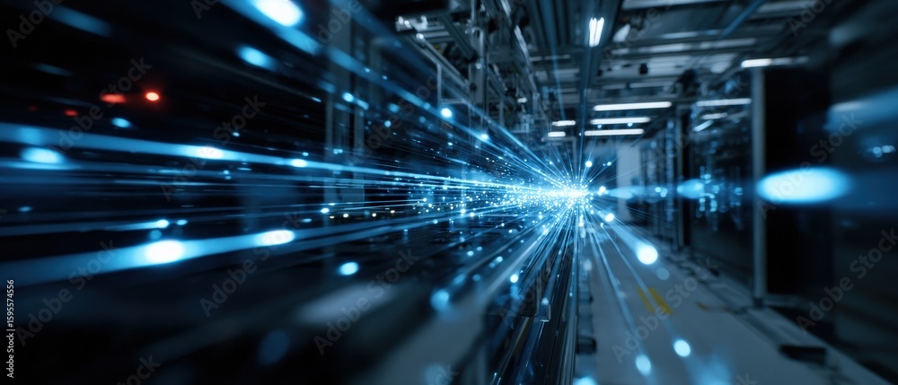 Wall mural futuristic data center with blue light trails, showcasing high speed data transfer and advanced tech
