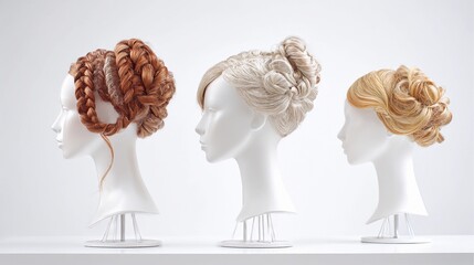 Stylish updo hairstyles displayed on mannequin heads showcasing modern trends in hairdressing and fashion at a hair salon during a styling session