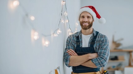 smiling handyman with tools and Santa hat. Worker in Christmas Season in construction and repair work