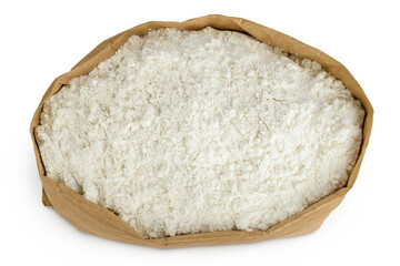 White flour in a paper bag isolated on white background. Top view. Flat lay.