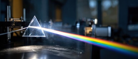 Light dispersion through prism creating rainbow spectrum Physics experiment demonstrating refraction and light spectrum Concept of science, optics, and color