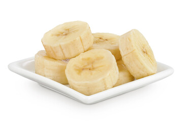 peeled banana pieces in ceramic bowl isolated on white background