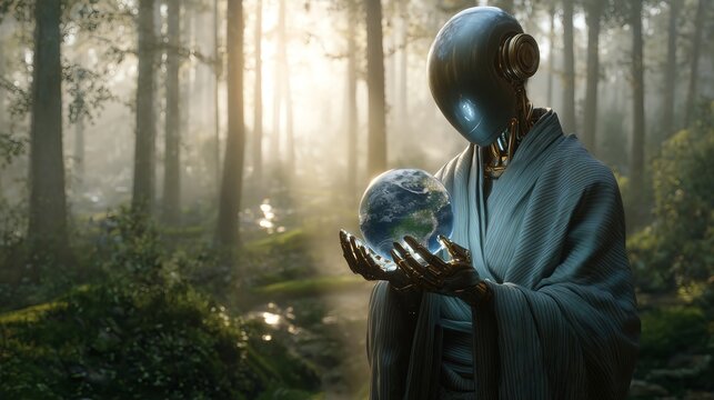 Metallic AI Monk Holding Glowing Earth in Transparent Sphere, Standing in Misty Forest at Dawn, Spiritual Artificial Intelligence, Futuristic Nature Harmony, Sci-Fi Environmental Concept