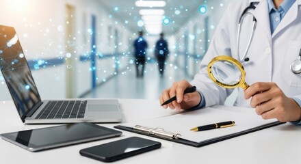 A doctor uses a magnifying glass to examine medical data on a tablet with a laptop and phone on the desk in a modern hospital corridor