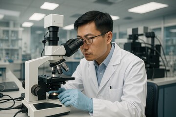 Asian research scientist conducting advanced microscopic analysis in modern laboratory facility
