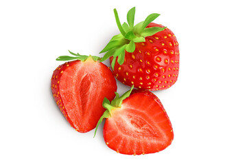 Strawberry half isolated on white background. Fresh berry with depth of field. Top view. Flat lay.