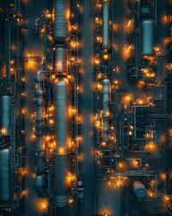 Night Aerial View of Illuminated Industrial Refinery Complex