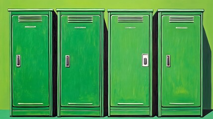 Four bright green lockers against a lime green backdrop.