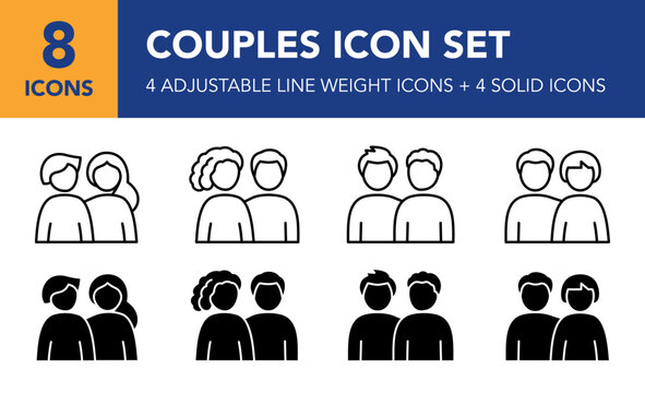 Couples & partners icon set. Men and women in diverse relationships. Line illustration with adjustable stroke weight + solid glyphs.