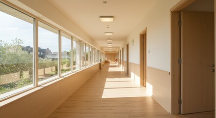Fototapeta premium A sunlit hallway with large windows. Bright and spacious
