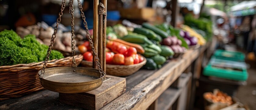 Vintage brass scales at outdoor farmers market with fresh organic vegetables and produce on display Concept of healthy eating, local food, and sustainable agriculture - Powered by Adobe