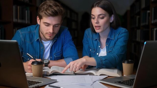 Dedicated students engaged in intensive late-night study session with textbooks and laptops collaborating on complex academic project together