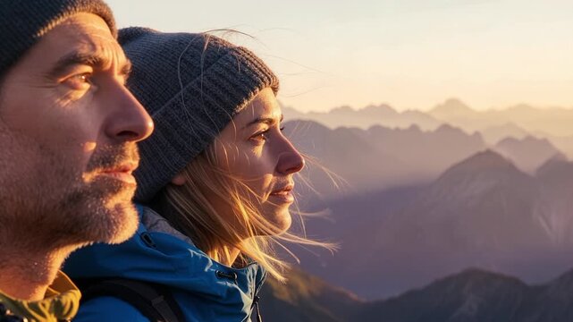 Exhausted mountain climbers celebrating successful summit achievement during breathtaking golden sunrise with stunning peak landscape background view
