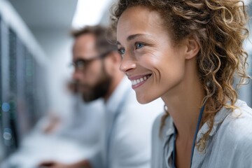 Diverse database administrator team monitors servers in bright tech office with space for captions