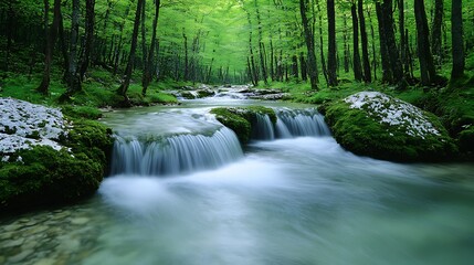 A tranquil stream cascades through a lush green forest.
