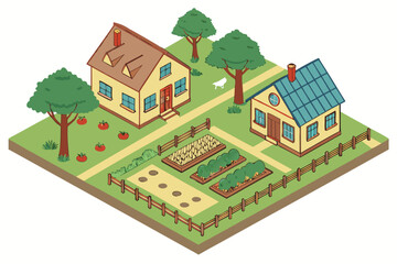 Isometric Farmhouse With Garden And Trees.