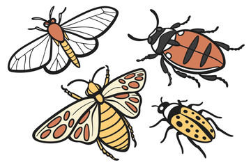 Four Stylized Insects Moths and Beetles.