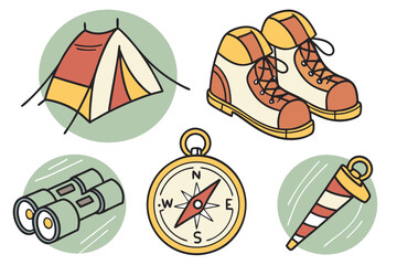 Camping and Hiking Adventure Gear Illustration.