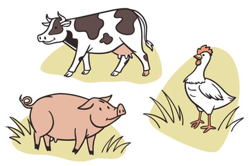 Cute Farm Animals Cow Pig and Chicken Illustration.