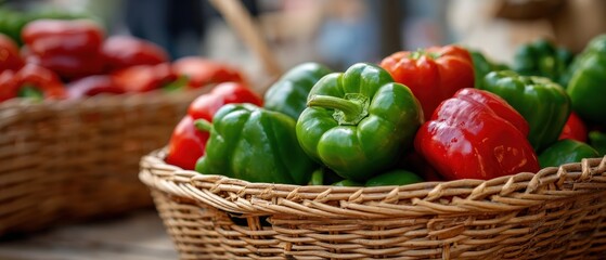 Fresh colorful bell peppers in wicker baskets at a farmers market Healthy eating concept with red, green, and orange bell peppers