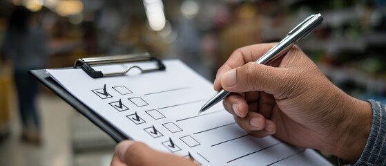 Closeup of adult hand marking checklist on clipboard with pen in a store Concept of inventory, quality control, and task management