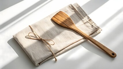 Knife and fork with kitchen utensils placed on a wooden background