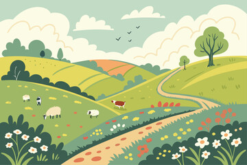 Obraz premium Idyllic Countryside Landscape with Sheep and Flowers.