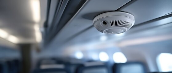 Smoke detector on the ceiling of a commercial airplane cabin for fire safety and prevention during air travel