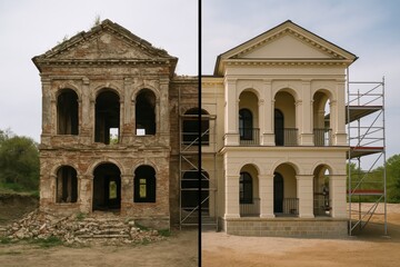 Fototapeta premium Dramatic before and after architectural restoration showing historic building transformation from weathered facade to pristine renovated exterior