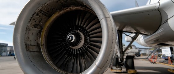 Fototapeta premium Closeup of a powerful jet engine turbine of a commercial airplane on the tarmac Concept of aviation, engineering, aerospace, and air travel
