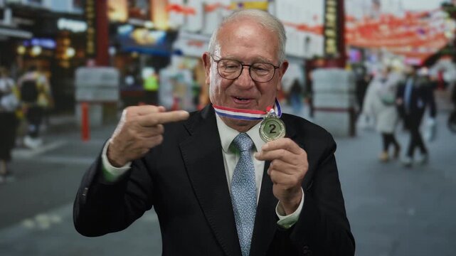 Senior man in suit making offensive gesture with middle finger while holding silver medal outside on busy street.