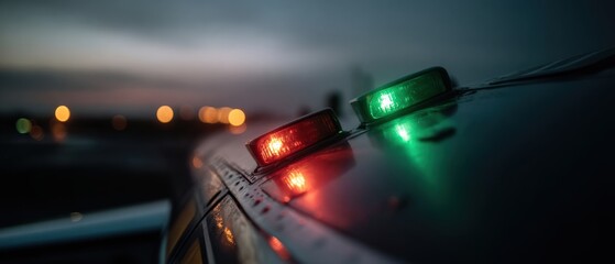 Aircraft navigation lights glowing red and green on wingtip at dusk Aviation safety concept with airplane lights for visibility and collision avoidance