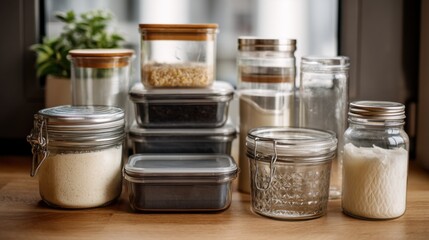 Organized Pantry Jars on Wooden Kitchen Counter in Natural Light
