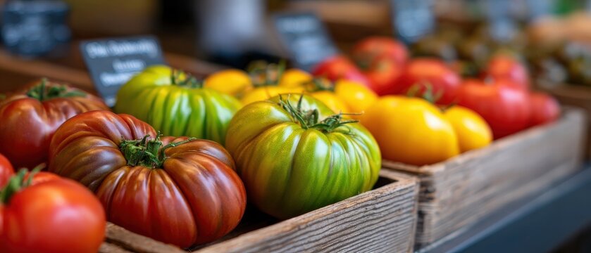 Colorful heirloom tomatoes in wooden crates at a farmers market Fresh, ripe, and vibrant produce for healthy eating and local sourcing