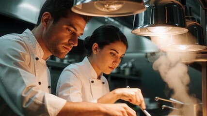 Professional chefs working together in synchronized harmony during intense dinner rush service in commercial kitchen