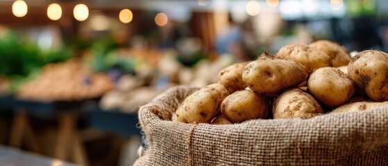 Fresh organic potatoes in burlap sack at local farmers market Closeup of raw potatoes in rustic setting Concept of healthy eating, farm to table, and sustainable agriculture