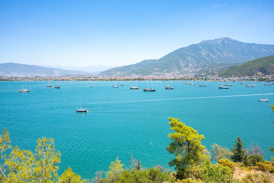 Boncuk Bay, Blue Lagoon and Oludeniz beach aerial panoramic view. Oludeniz is a beach resort in the Fethiye district of Mugla Province, Turkey.