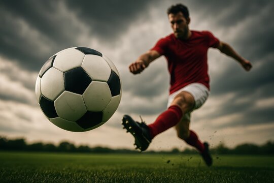 Dynamic soccer ball banner composition with athletic energy and sports excitement