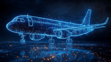 Futuristic Airplane Digital Wireframe of a Passenger Jet in a Glowing Network
