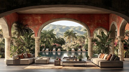 Outdoor patio area with a pool and lush greenery.