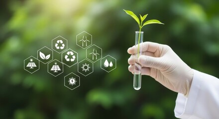 A scientist in a lab coat holds a test tube with a small green plant, surrounded by environmental and energy icons