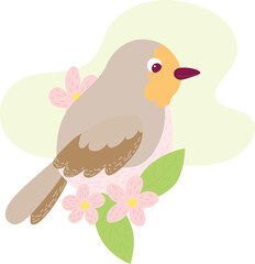 Cute robin bird with flowers. Vector illustration in flat style