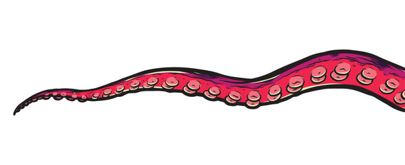 Purple octopus tentacles reaching upwards, squid-like marine animal body parts protruding from out of frame, cut for food or frame design, cartoon colour sketch anime vector illustration. 