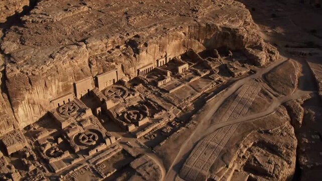 An aweinspiring aerial view captures the ancient persian necropolis of naqshe rustam, with its monumental rockcut tombs carved into a towering cliff face