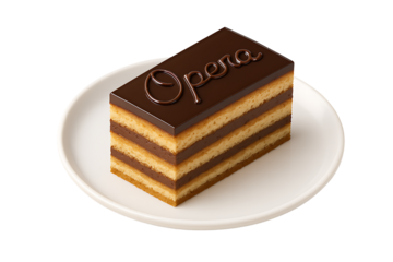 Slice of classic opera cake isolated on transparent background
