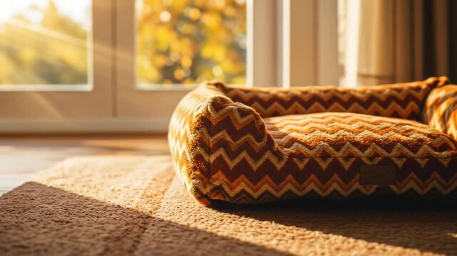 A cozy dog bed with chevron pattern sitting on a carpet near a window with sunlight streaming through
