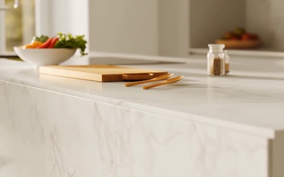 a clean and modern kitchen countertop. White marble surface with minimal kitchen items aesthetically arranged: a cutting board, a bowl with fresh vegetables, wooden spoons, and a small glass jar of sp