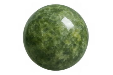 Polished green serpentine mineral sphere spinning, revealing intricate surface patterns against translucent backdrop