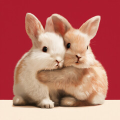 Obraz premium Two cute bunnies hugging, with fluffy fur and pastel colors. 